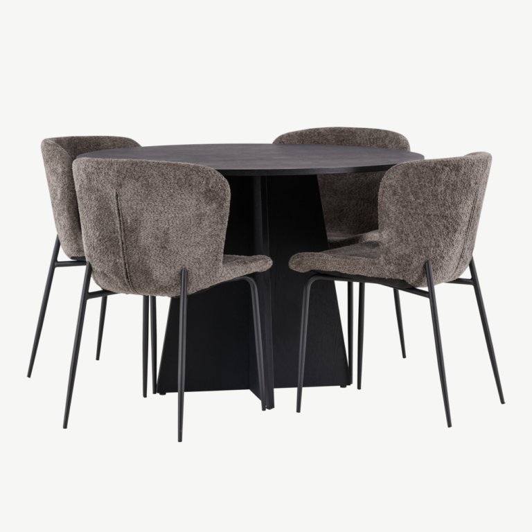 Ümar söögilaud Bootcut (must MDF, ø110cm) ja tumehalli buklee kangaga toolid Modesto - GR23257