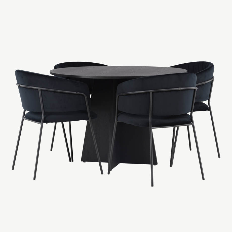 Ümar söögilaud Bootcut (must spoon, ø110 cm) ja sametist Selma toolid, GR23790
