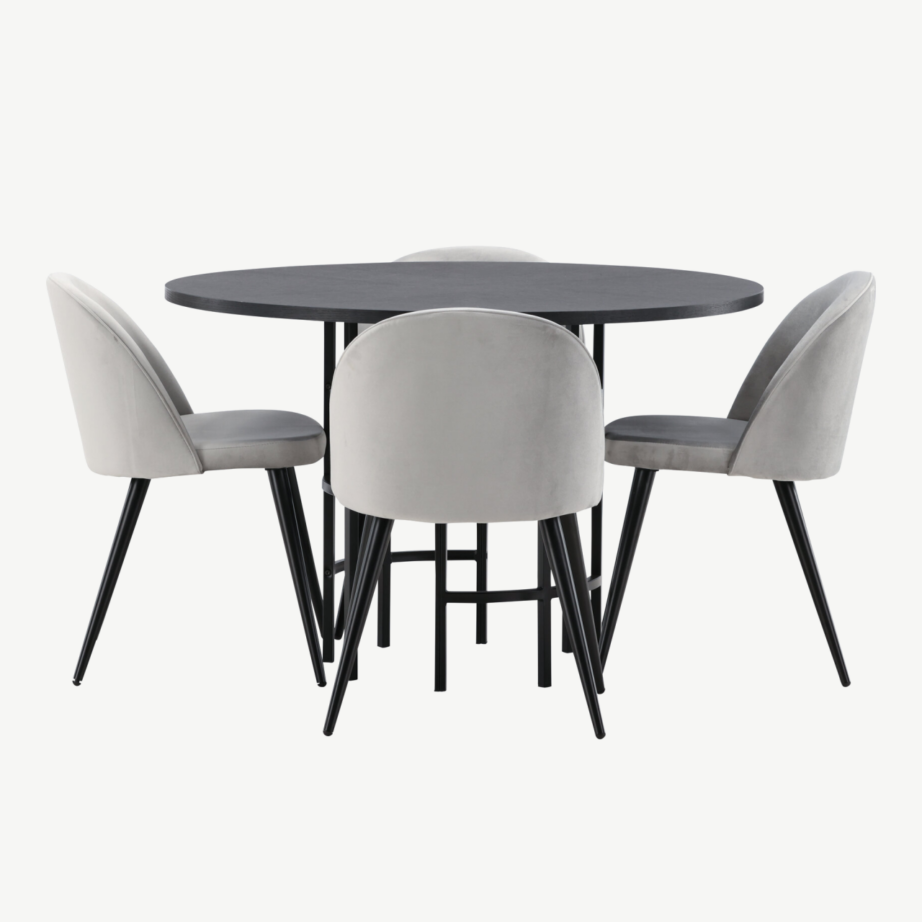 Ümar söögilaud Copenhagen (must MDF, ø115cm) ja hallid sametist toolid, GR22833 – 2