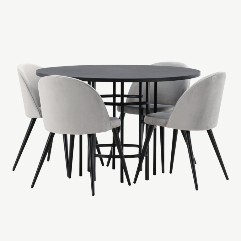 Ümar söögilaud Copenhagen (must MDF, ø115cm) ja hallid sametist toolid - GR22833