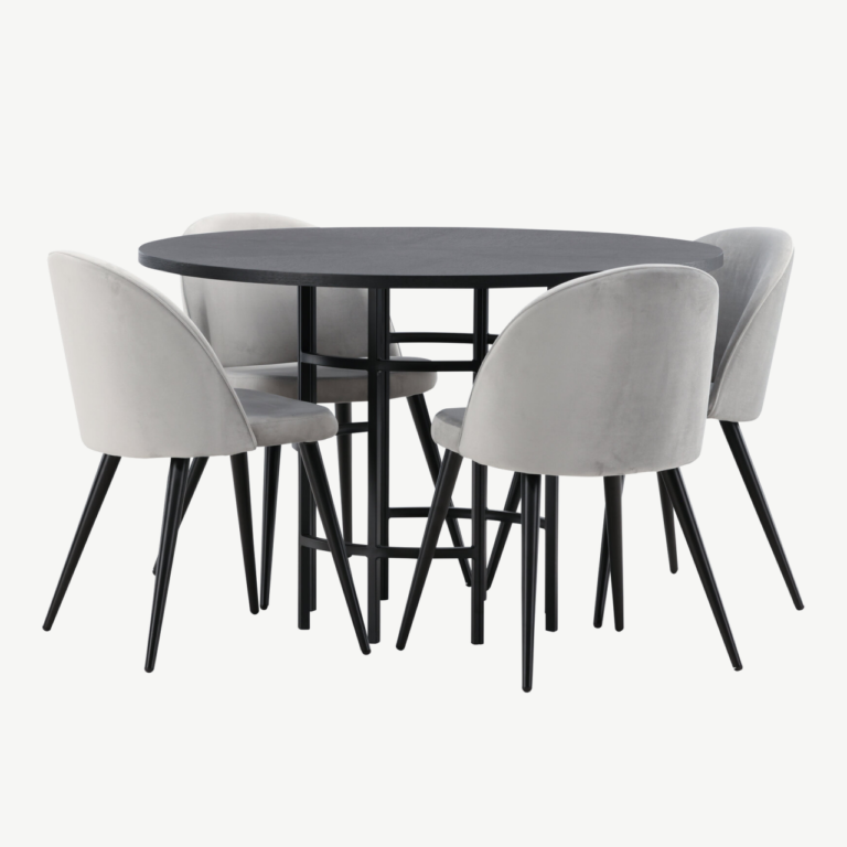 Ümar söögilaud Copenhagen (must MDF, ø115cm) ja hallid sametist toolid - GR22833