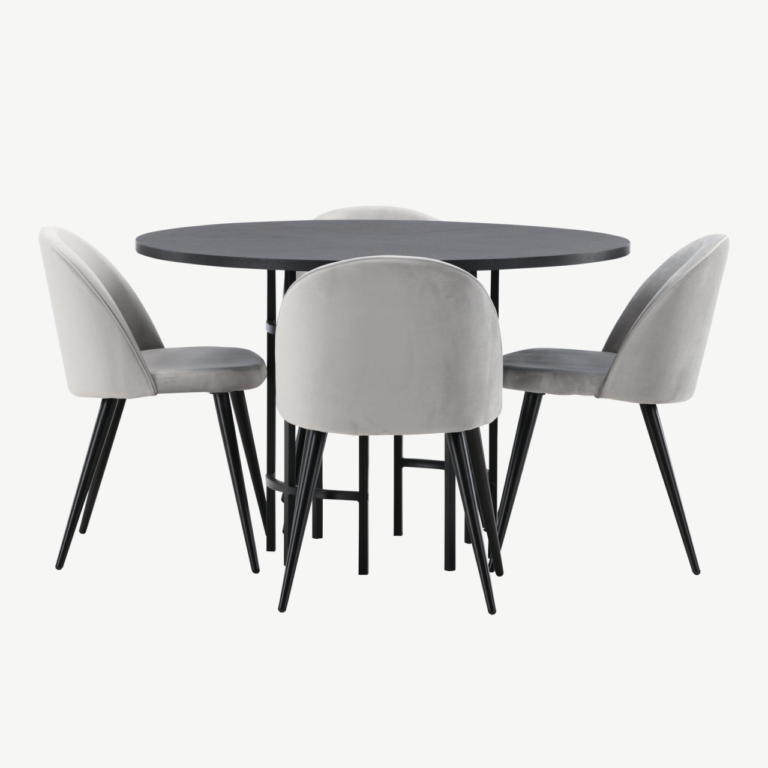 Ümar söögilaud Copenhagen (must MDF, ø115cm) ja hallid sametist toolid - GR22833