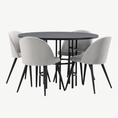 Ümar söögilaud Copenhagen (must MDF, ø115cm) ja hallid sametist toolid - GR22833