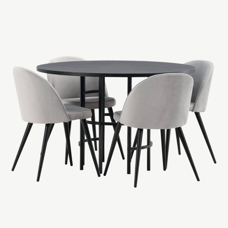 Ümar söögilaud Copenhagen (must MDF, ø115cm) ja hallid sametist toolid - GR22833