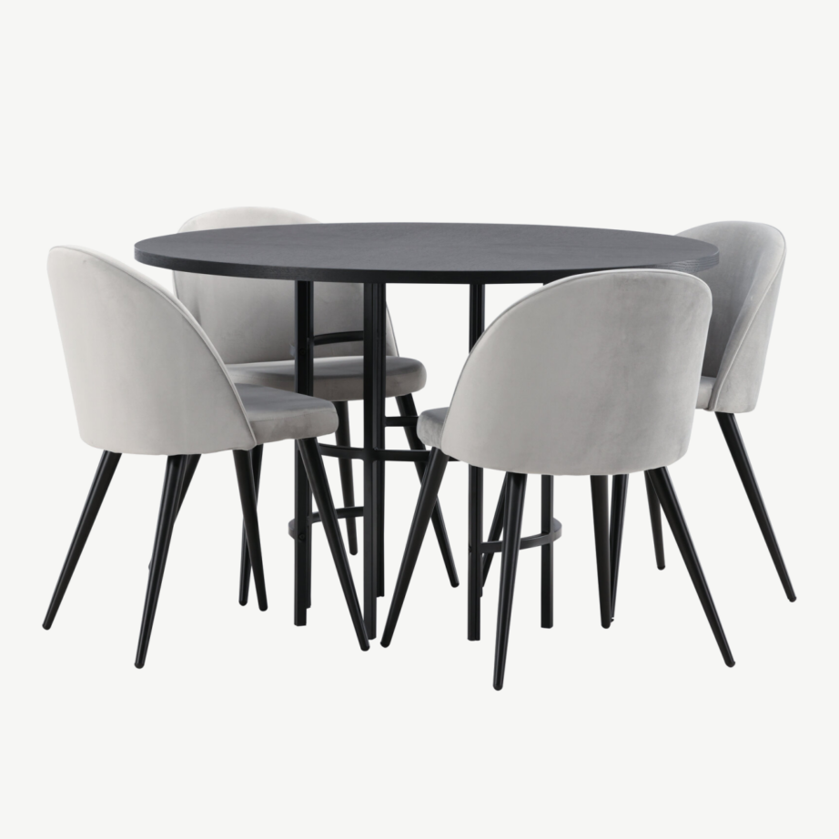 Ümar söögilaud Copenhagen (must MDF, ø115cm) ja hallid sametist toolid, GR22833 – 6