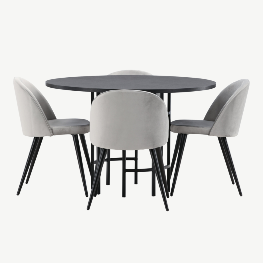 Ümar söögilaud Copenhagen (must MDF, ø115cm) ja hallid sametist toolid, GR22833 – 7