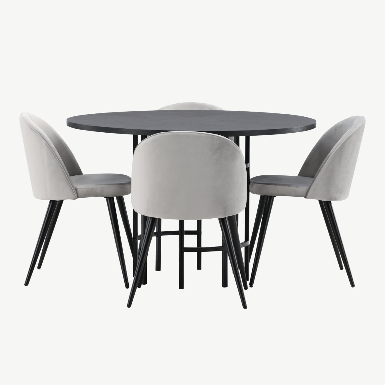 Ümar söögilaud Copenhagen (must MDF, ø115cm) ja hallid sametist toolid - GR22833