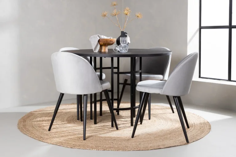 Ümar söögilaud Copenhagen (must MDF, ø115cm) ja hallid sametist toolid - GR22833