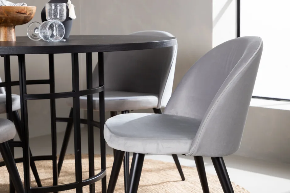 Ümar söögilaud Copenhagen (must MDF, ø115cm) ja hallid sametist toolid, GR22833 – 9