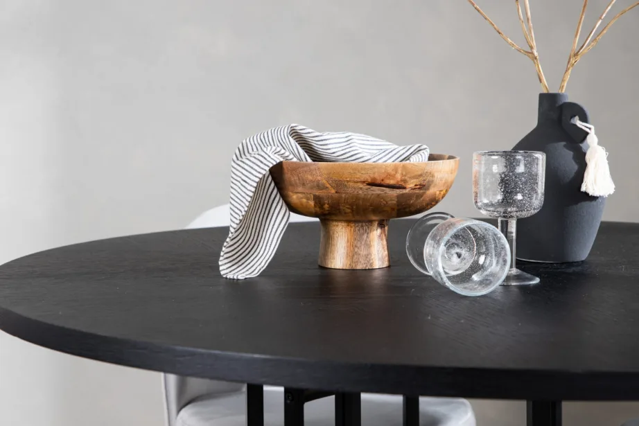 Ümar söögilaud Copenhagen (must MDF, ø115cm) ja hallid sametist toolid, GR22833 – 10