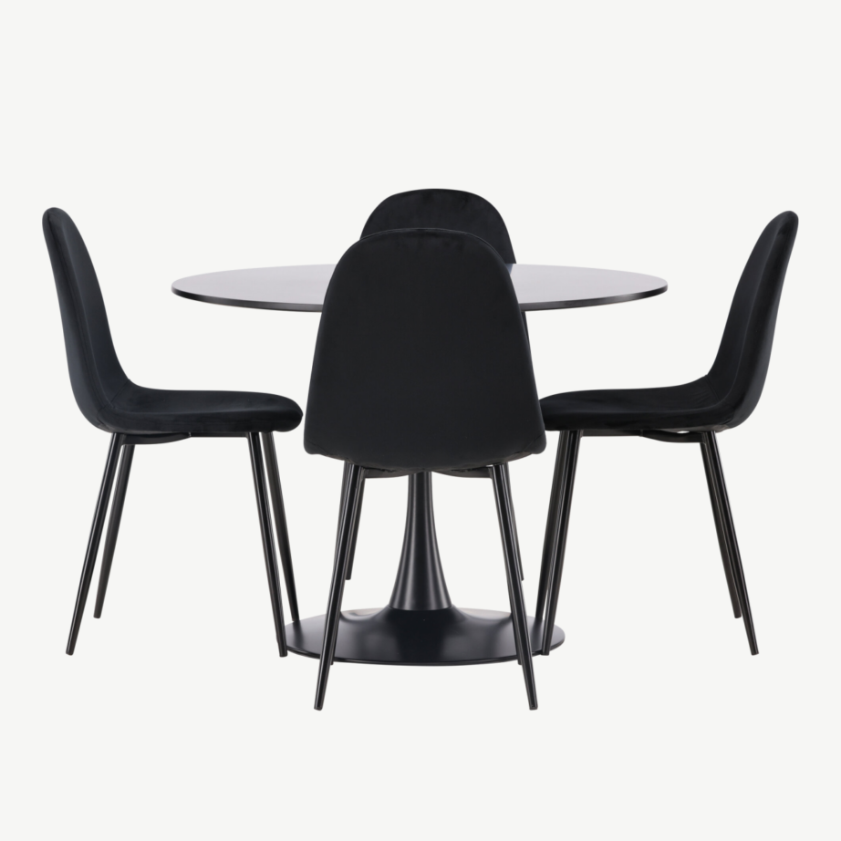 Ümar söögilaud Glade musta MDF-plaadiga ja neli musta sametkattega tooli, GR22901 – 2