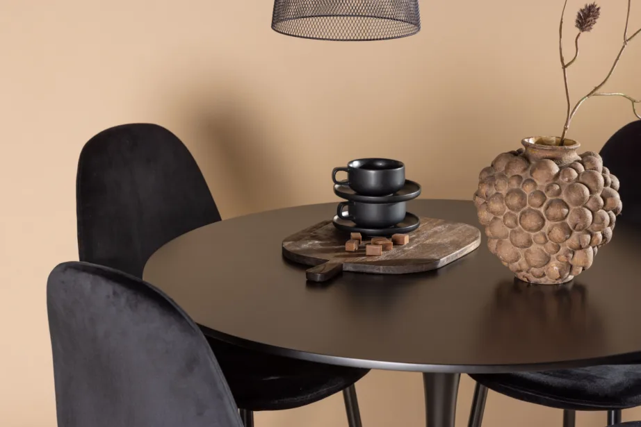 Ümar söögilaud Glade musta MDF-plaadiga ja neli musta sametkattega tooli, GR22901 – 10