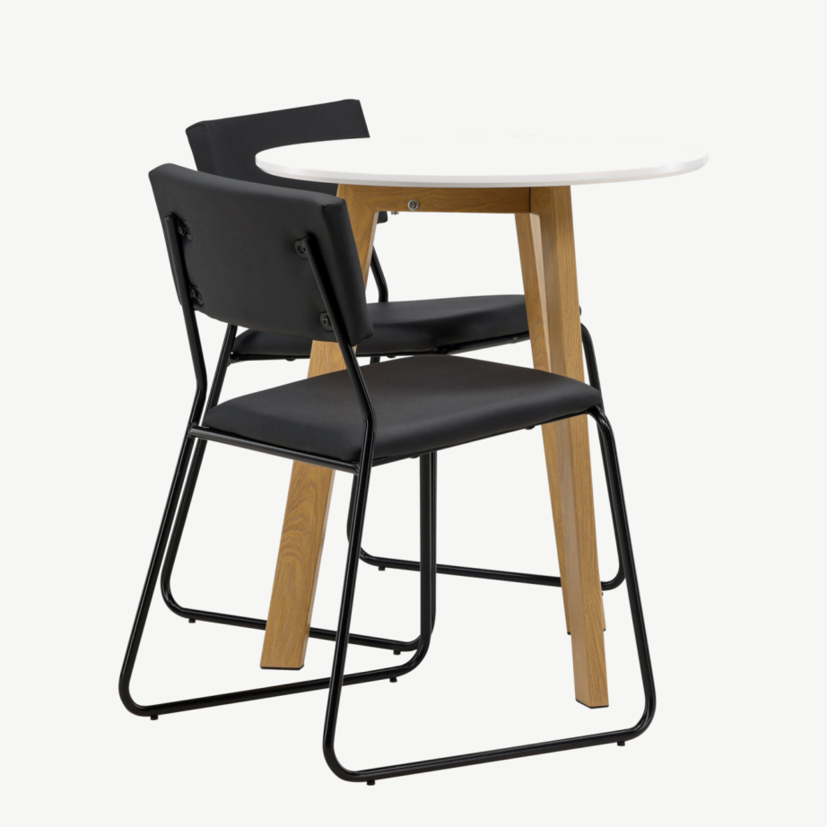 Ümar söögilaud Leonora (valge MDF, tammeviimistlus) ja söögitool Kenth (must PU), komplekt, GR23506 – 2