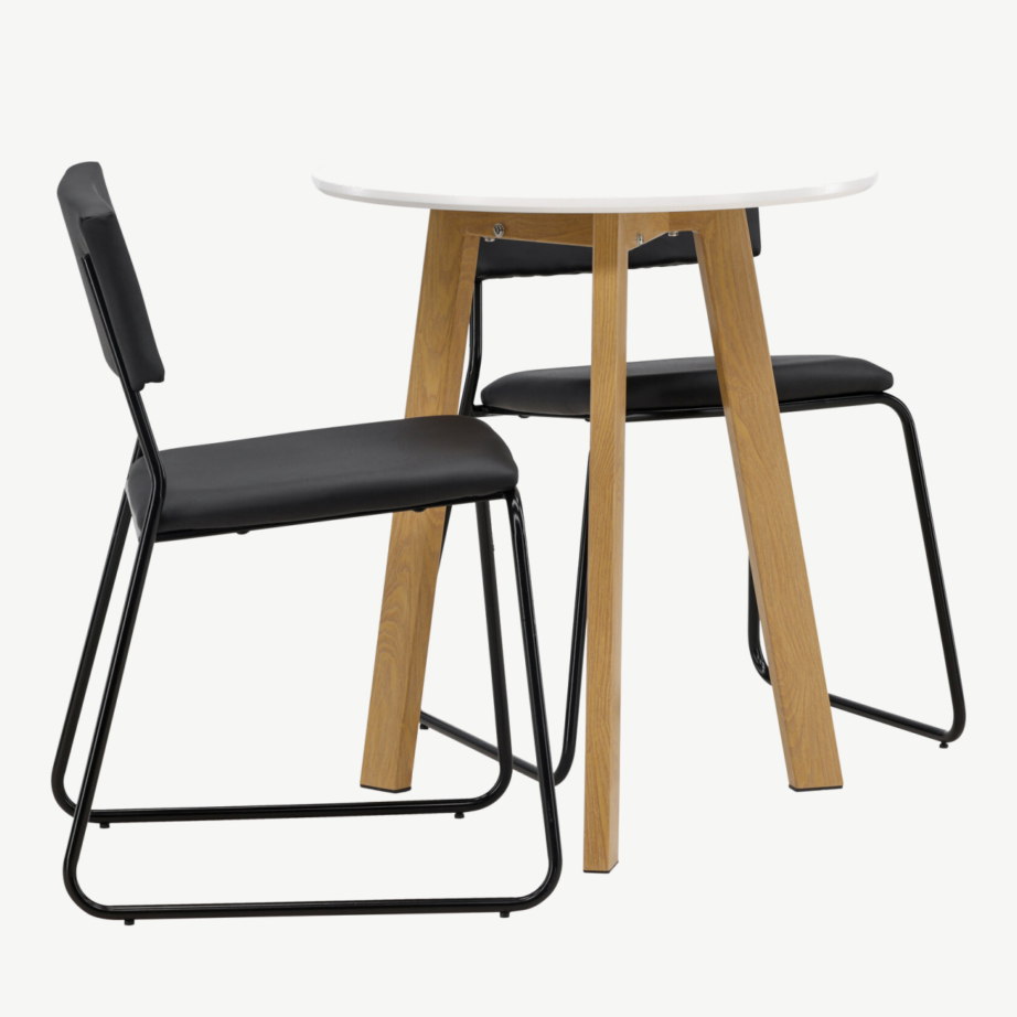 Ümar söögilaud Leonora (valge MDF, tammeviimistlus) ja söögitool Kenth (must PU), komplekt, GR23506 – 3