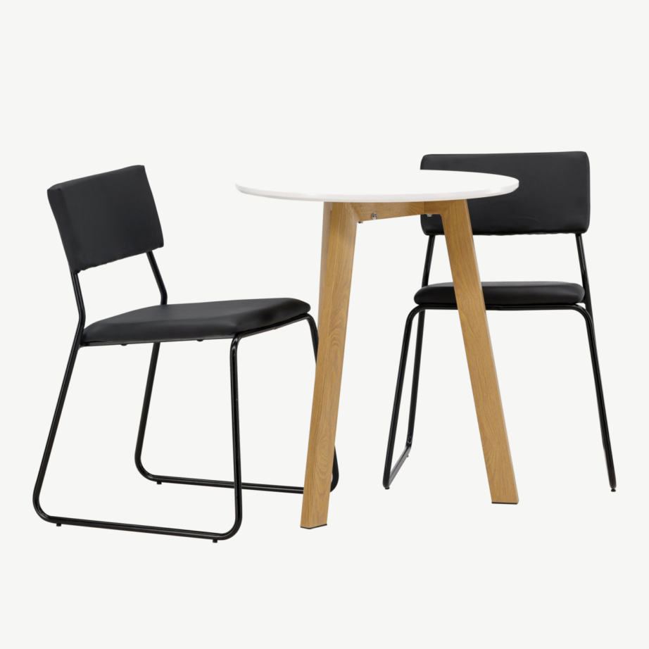 Ümar söögilaud Leonora (valge MDF, tammeviimistlus) ja söögitool Kenth (must PU), komplekt, GR23506 – 4