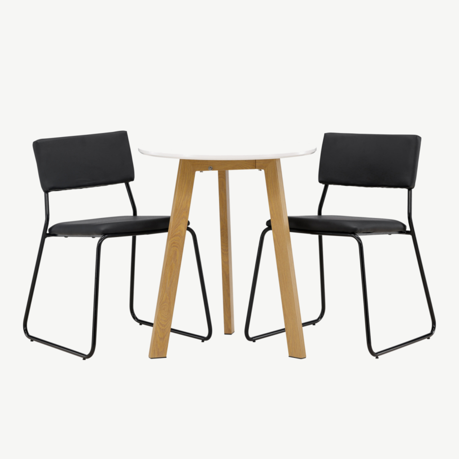 Ümar söögilaud Leonora (valge MDF, tammeviimistlus) ja söögitool Kenth (must PU), komplekt, GR23506 – 5