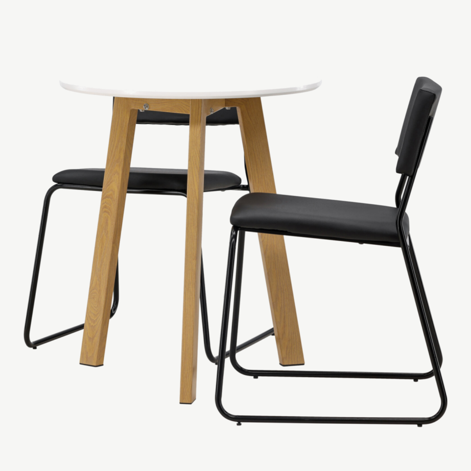 Ümar söögilaud Leonora (valge MDF, tammeviimistlus) ja söögitool Kenth (must PU), komplekt, GR23506 – 6