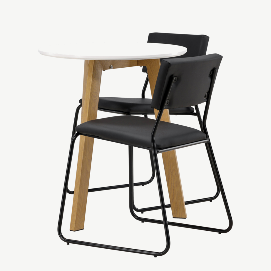 Ümar söögilaud Leonora (valge MDF, tammeviimistlus) ja söögitool Kenth (must PU), komplekt, GR23506 – 7