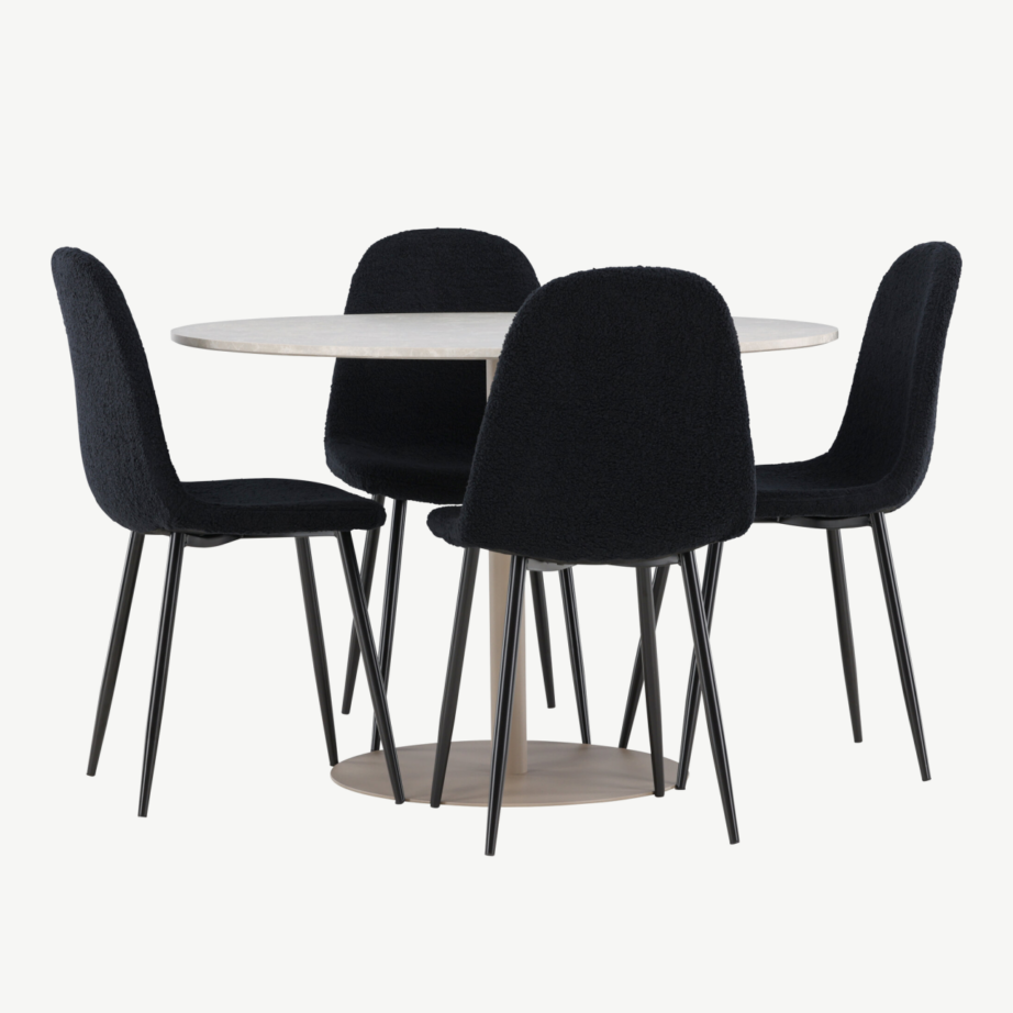 Ümar söögilaud Lycke ja 4 musta Polar tooli (beež MDF, buklee kangaga), GR24379
