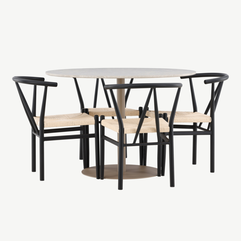 Ümar söögilaud Lycke ja 4 rotangist tooli Alfons (beež MDF, must teras), GR24378