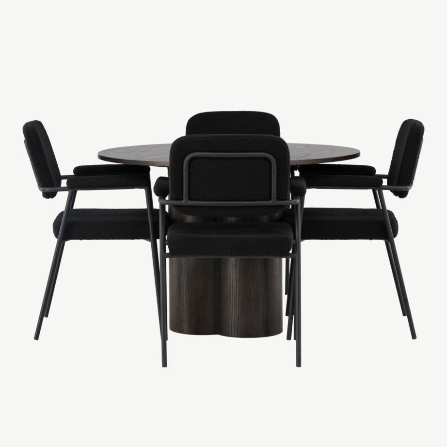 Ümar söögilaud Olivia (mokka, MDF, ø110cm) ja mustad buklee-kangaga söögitoolid Yesterday, GR23821 – 2