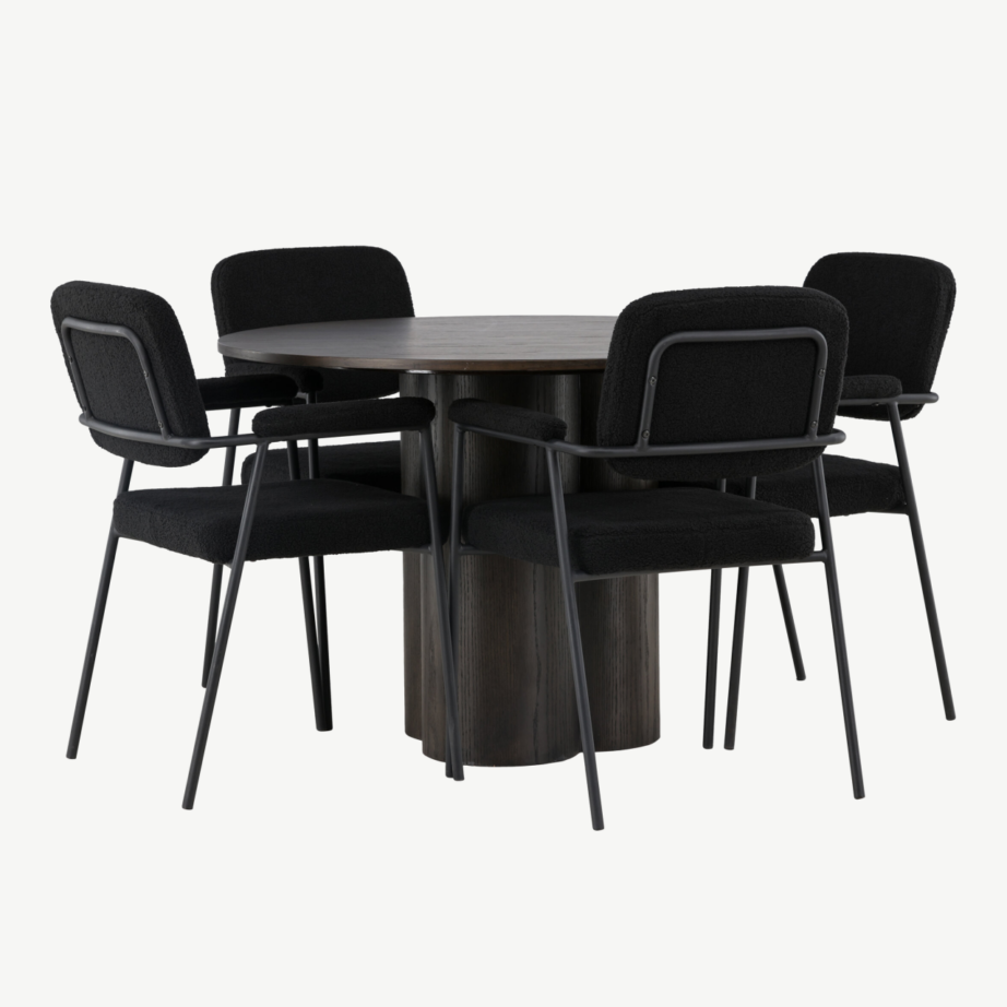 Ümar söögilaud Olivia (mokka, MDF, ø110cm) ja mustad buklee-kangaga söögitoolid Yesterday, GR23821