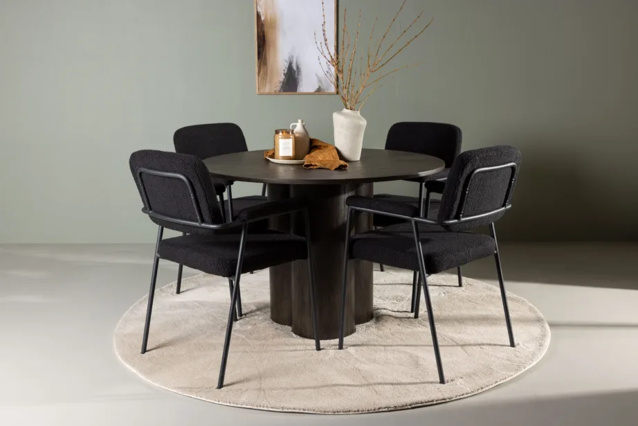 Ümar söögilaud Olivia (mokka, MDF, ø110cm) ja mustad buklee-kangaga söögitoolid Yesterday, GR23821 – 4