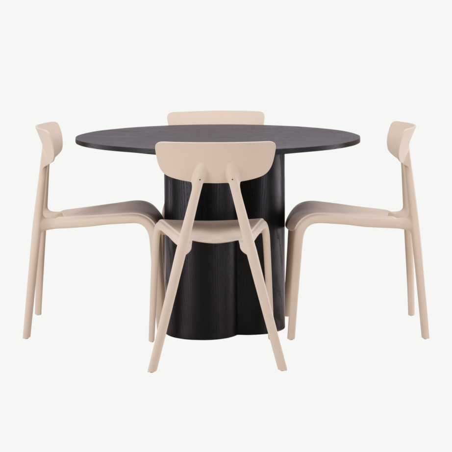 Ümar söögilaud Olivia (must MDF, ø110 cm) ja beež Ursholmen tool, GR23112 – 2