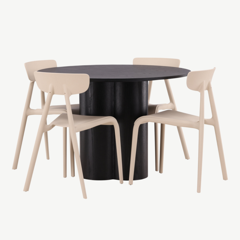 Ümar söögilaud Olivia (must MDF, ø110 cm) ja beež Ursholmen tool - GR23112