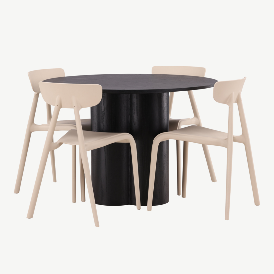 Ümar söögilaud Olivia (must MDF, ø110 cm) ja beež Ursholmen tool, GR23112 – 3