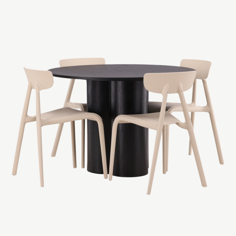 Ümar söögilaud Olivia (must MDF, ø110 cm) ja beež Ursholmen tool - GR23112