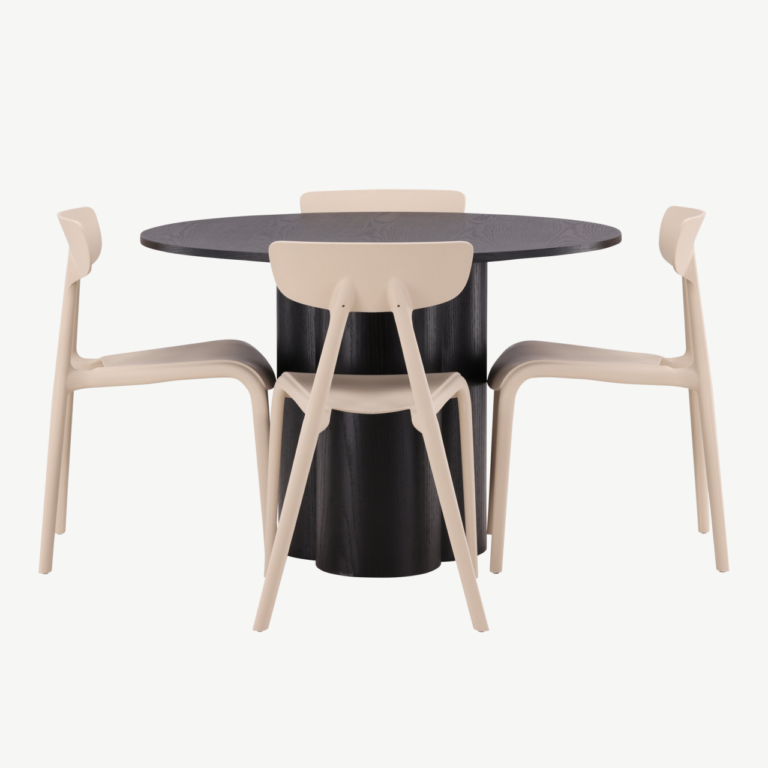 Ümar söögilaud Olivia (must MDF, ø110 cm) ja beež Ursholmen tool - GR23112