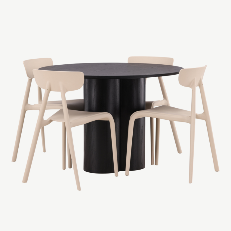 Ümar söögilaud Olivia (must MDF, ø110 cm) ja beež Ursholmen tool - GR23112