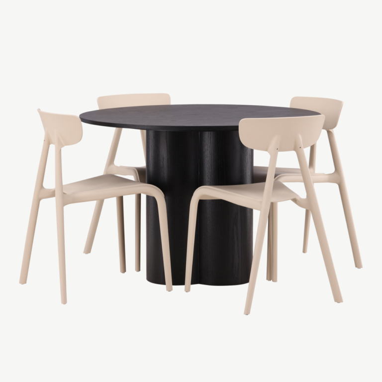 Ümar söögilaud Olivia (must MDF, ø110 cm) ja beež Ursholmen tool - GR23112