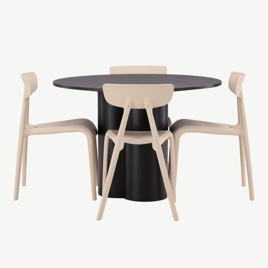 Ümar söögilaud Olivia (must MDF, ø110 cm) ja beež Ursholmen tool, GR23112 – 7