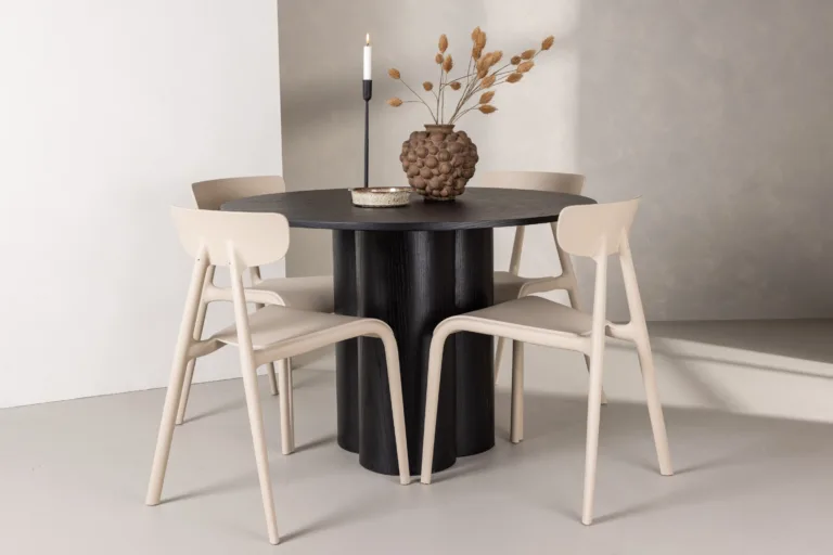 Ümar söögilaud Olivia (must MDF, ø110 cm) ja beež Ursholmen tool - GR23112
