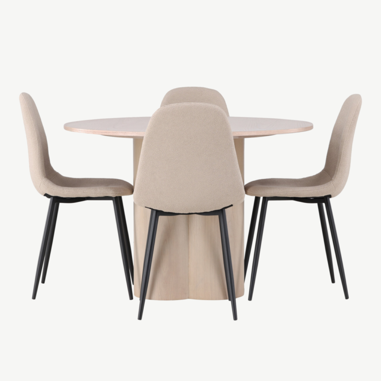 Ümar söögilaud Olivia (valge peitsiga MDF, ø110cm) ja Polar toolid (beež buklee, must terasjalg) - GR23810
