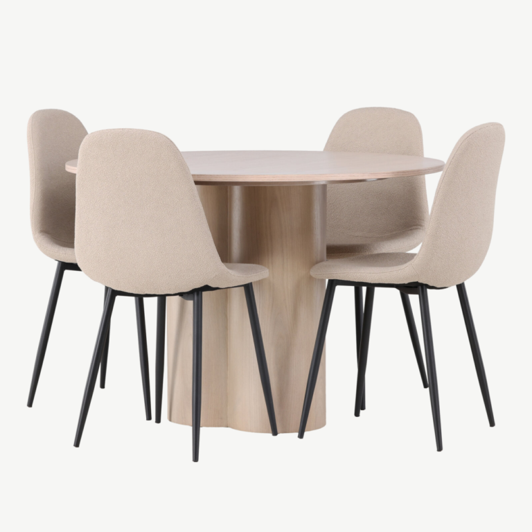 Ümar söögilaud Olivia (valge peitsiga MDF, ø110cm) ja Polar toolid (beež buklee, must terasjalg) - GR23810