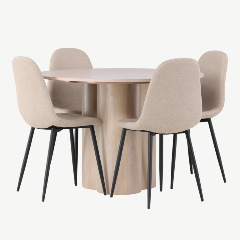 Ümar söögilaud Olivia (valge peitsiga MDF, ø110cm) ja Polar toolid (beež buklee, must terasjalg) - GR23810