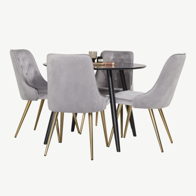 Ümar söögilaud Plaza ja helehallid Velvet Deluxe samettoolid (must, kuldsed jalad, ø100 cm) - GR24143