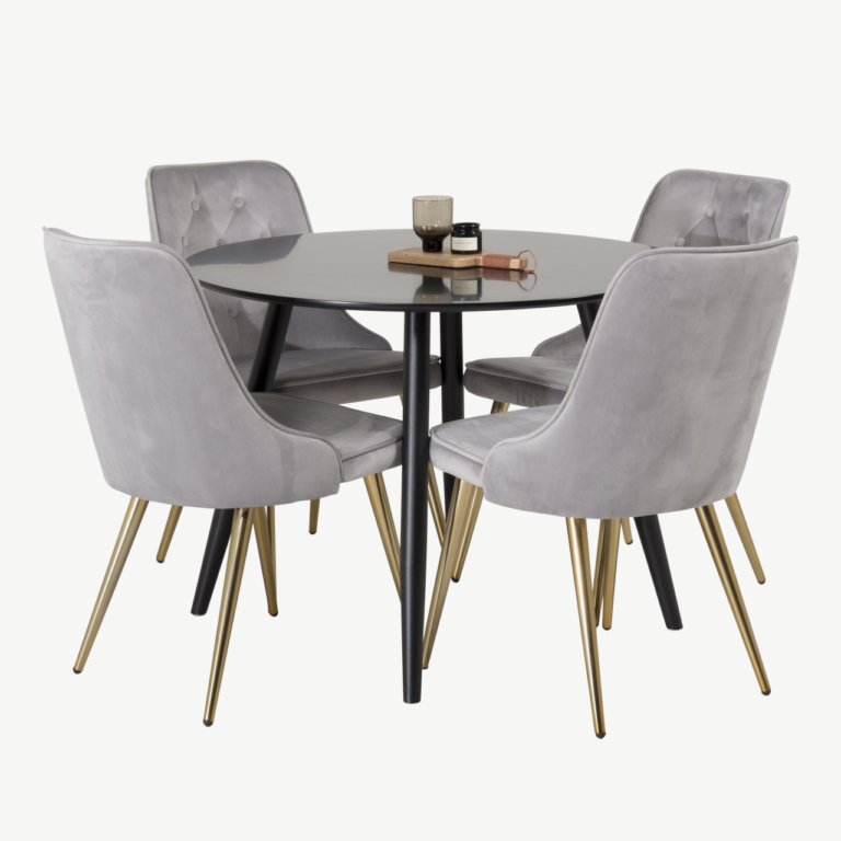 Ümar söögilaud Plaza ja helehallid Velvet Deluxe samettoolid (must, kuldsed jalad, ø100 cm) - GR24143