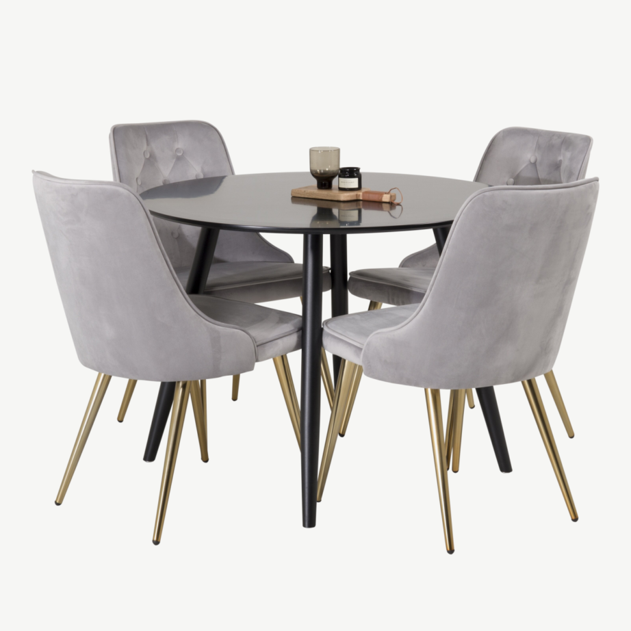 Ümar söögilaud Plaza ja helehallid Velvet Deluxe samettoolid (must, kuldsed jalad, ø100 cm), GR24143 – 2