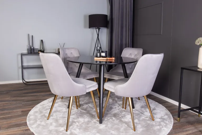 Ümar söögilaud Plaza ja helehallid Velvet Deluxe samettoolid (must, kuldsed jalad, ø100 cm) - GR24143
