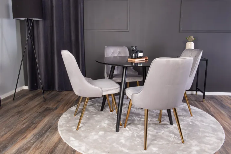 Ümar söögilaud Plaza ja helehallid Velvet Deluxe samettoolid (must, kuldsed jalad, ø100 cm) - GR24143