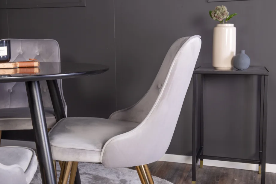 Ümar söögilaud Plaza ja helehallid Velvet Deluxe samettoolid (must, kuldsed jalad, ø100 cm), GR24143 – 5