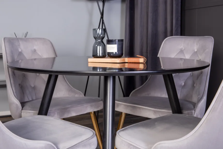 Ümar söögilaud Plaza ja helehallid Velvet Deluxe samettoolid (must, kuldsed jalad, ø100 cm), GR24143 – 6