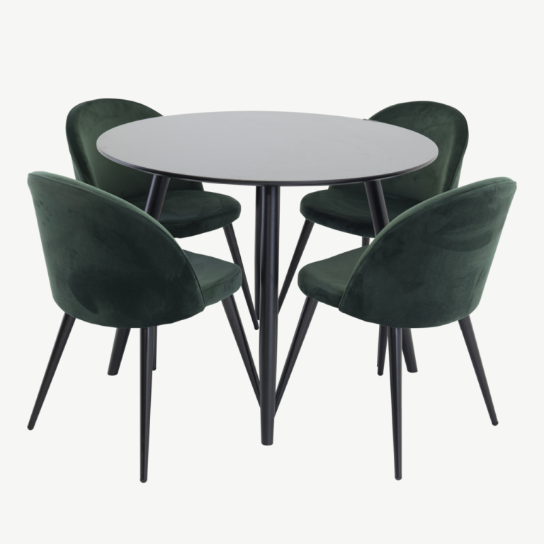 Ümar söögilaud Plaza koos sametkattega rohelist tooni toolidega (must MDF, ø100 cm, 4 tooli) - GR24130