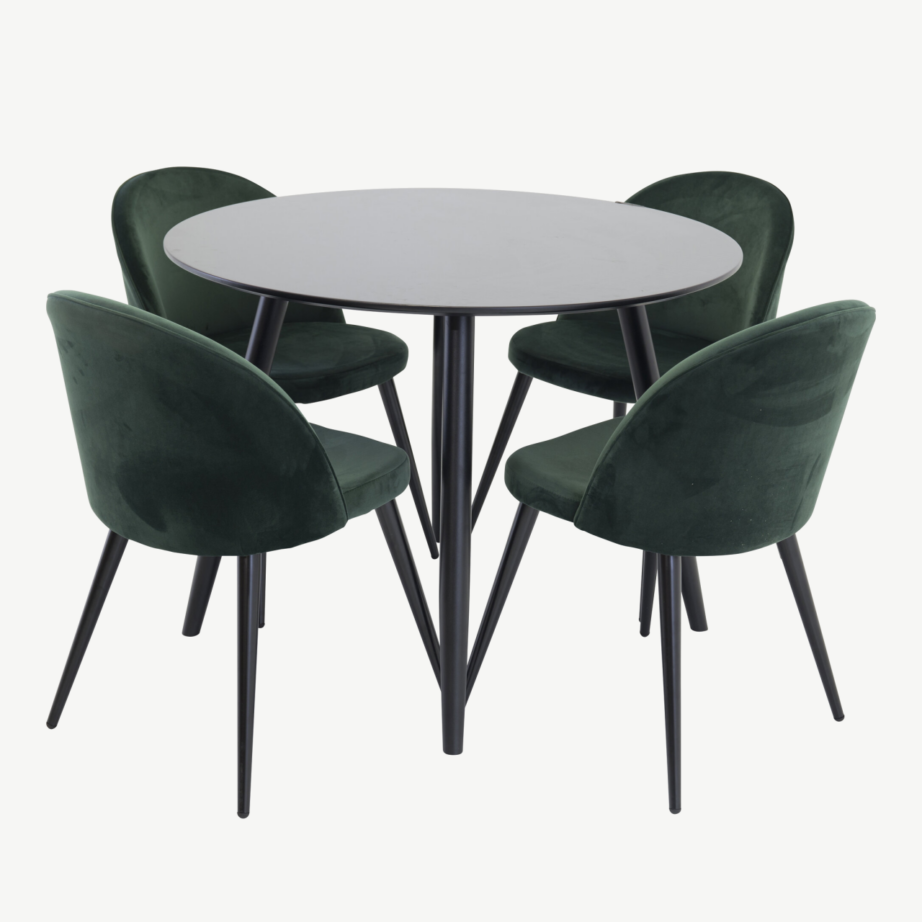 Ümar söögilaud Plaza koos sametkattega rohelist tooni toolidega (must MDF, ø100 cm, 4 tooli) - GR24130