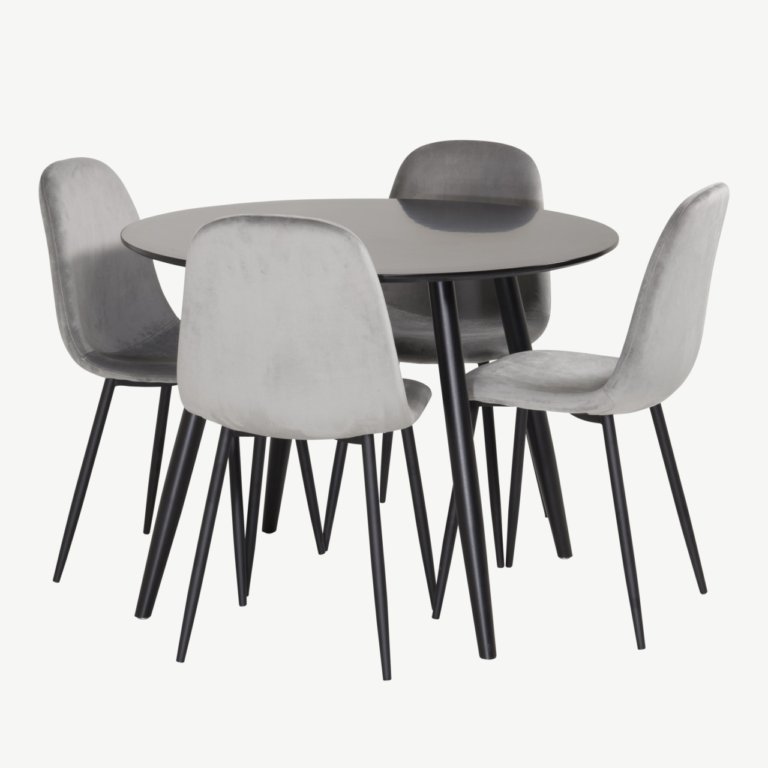 Ümar söögilaud Plaza (must, ø100cm) ja Polar samettoolid (helehall, mustad jalad) - GR24137