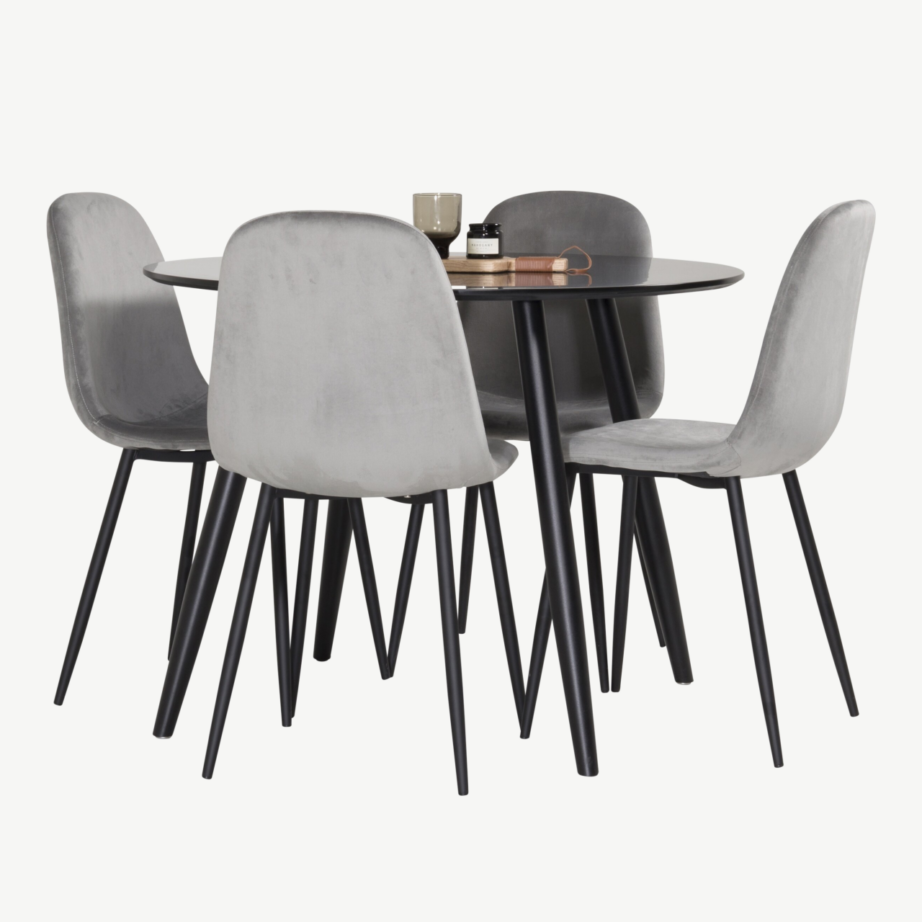 Ümar söögilaud Plaza (must, ø100cm) ja Polar samettoolid (helehall, mustad jalad), GR24137 – 2